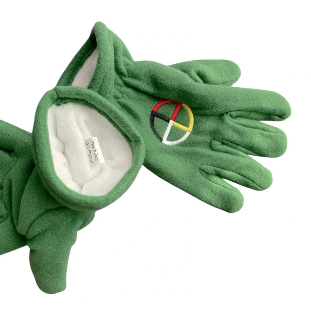 Women's Fleece Winter Gloves Lined Green with Embroidered Motif